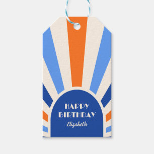 Retro Sunburst Arch Typography Birthday Blue Gift Tags