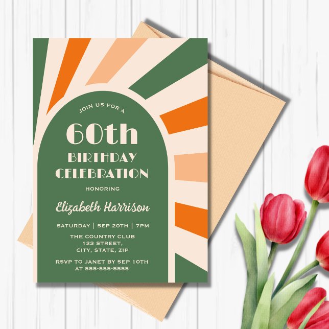Retro Sunburst Arch Typography Birthday Green Invitation (Creator Uploaded)