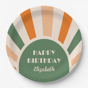 Retro Sunburst Arch Typography Birthday Green Paper Plate