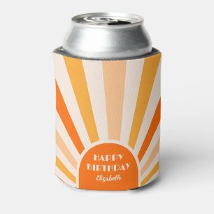 Retro Sunburst Arch Typography Birthday Peach Can Cooler