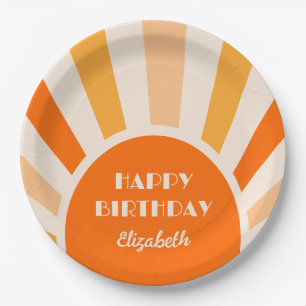 Retro Sunburst Arch Typography Birthday Peach Paper Plate