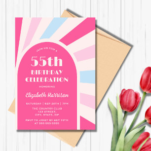 Retro Sunburst Arch Typography Birthday Pink Invitation