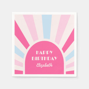 Retro Sunburst Arch Typography Birthday Pink Napkin