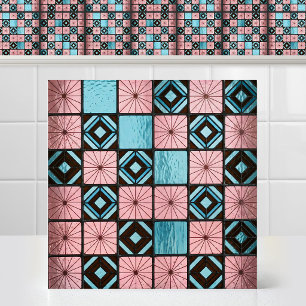 Retro Sunburst Chequerboard Stained Glass Pattern Tile