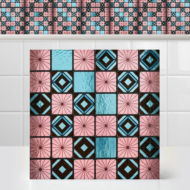 Retro Sunburst Chequerboard Stained Glass Pattern Tile (Vintage pink, black and cyan blue Retro Sunburst Checkerboard Stained Glass Pattern Ceramic Tile)