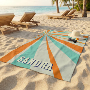 Retro Sunburst Custom Name Groovy Vintage Green 💚 Beach Towel