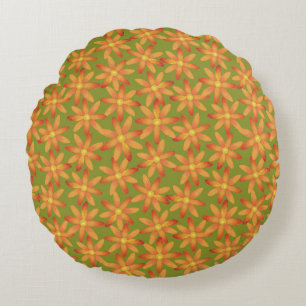 Retro Sunburst Daisy Floral in Golden Olive Round Cushion