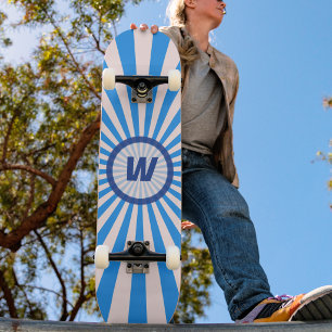 Retro Sunburst in Bright and Dark Blue Initial Skateboard