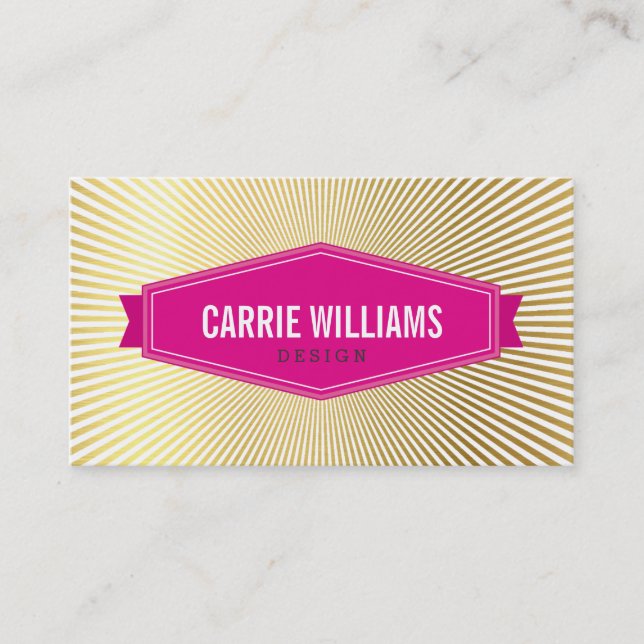 RETRO SUNBURST PATTERN pink badge logo gold foil Business Card (Front)