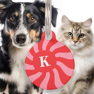 Retro sunburst swirl light red pink monogram bold pet tag