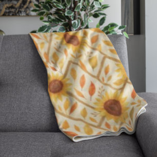 Retro Sunflower & Rustic Farmhouse Watercolor Fleece Blanket