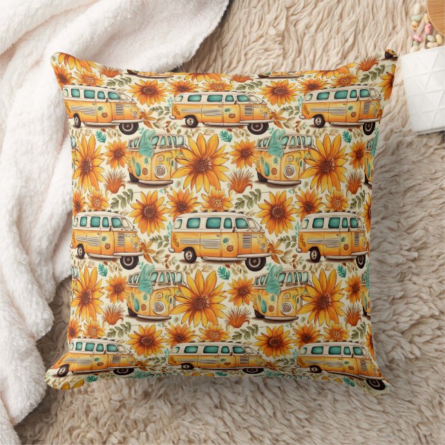 Retro Sunflower Van Pattern – Vintage Boho Hippie Cushion (Blanket)