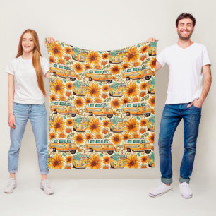 Retro Sunflower Van Pattern – Vintage Boho Hippie Fleece Blanket