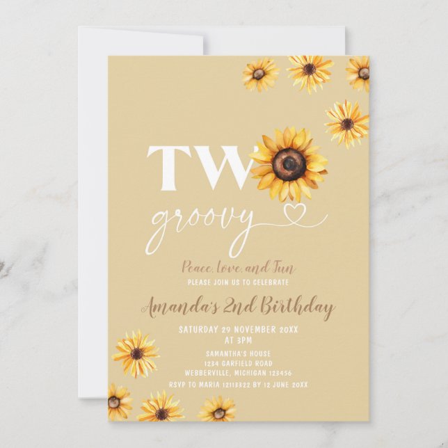 Retro Sunflowers Two Groovy Birthday Party Invitation (Front)