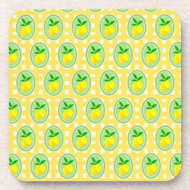 Retro Sunny Lemon Yellow White Check  Coaster (Front)