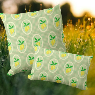 Retro Sunny Lemons on Green Gingham Cushion