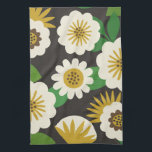 Retro Sunny Summer Flowers Kitchen Towels<br><div class="desc">A bold and bright flower design inspired by mid-century Scandinavian textiles. Simple and stylised white and gold daisies and other flower forms are set against a bed of green leaves and against dark background. This pretty and preppy design has shades of off-white,  gold,  brown,  green and black.</div>