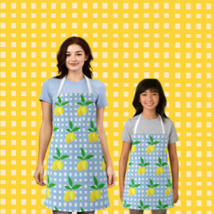 Retro Sunny Yellow Lemon Blue White Check Apron
