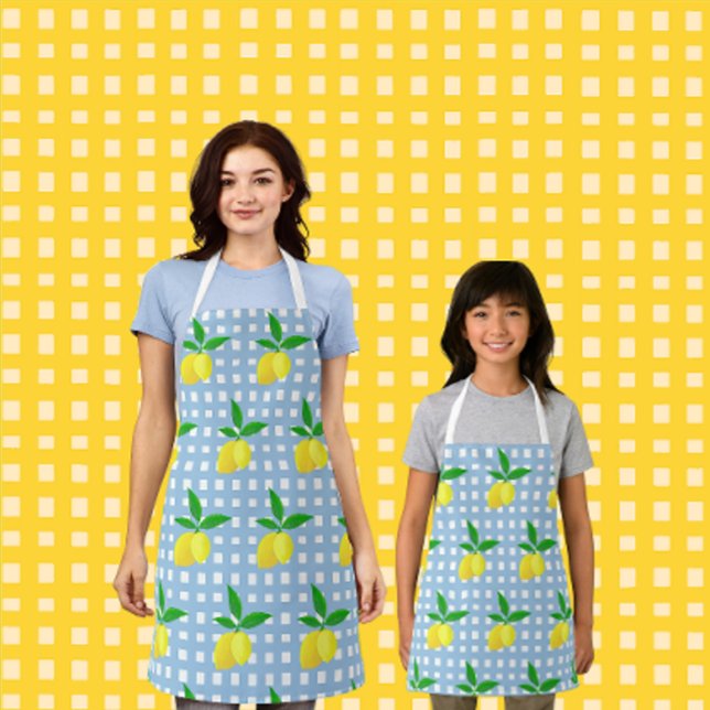 Retro Sunny Yellow Lemon Blue White Check Apron (Fun lemony aprons in 3 sizes.)