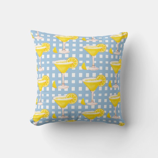 Retro Sunny Yellow Lemon Drop Blue White Check Cushion (Front)