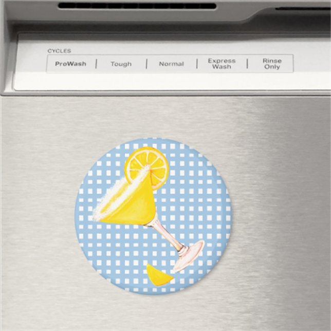 Retro Sunny Yellow Lemon Drop Blue White Check Magnet (Cute lemon drop magnet makes a fun hostess gift!)