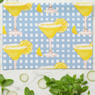 Retro Sunny Yellow Lemon Drop Blue White Check Tea Towel