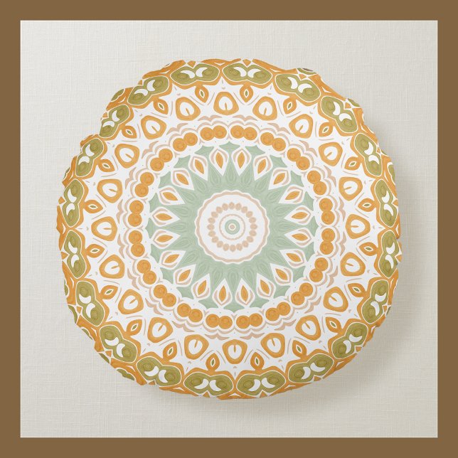 Retro Sunrise Mandala in Orange, Green, and Brown Round Cushion (Creator Uploaded)