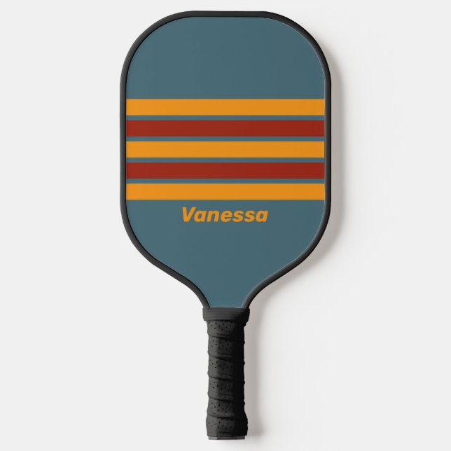 Retro Sunrise on Slate Across Striping with Name Pickleball Paddle (Front)