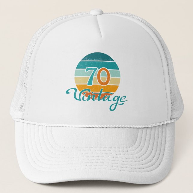 Retro Sunset 70 Vintage Distressed Trucker Hat (Front)