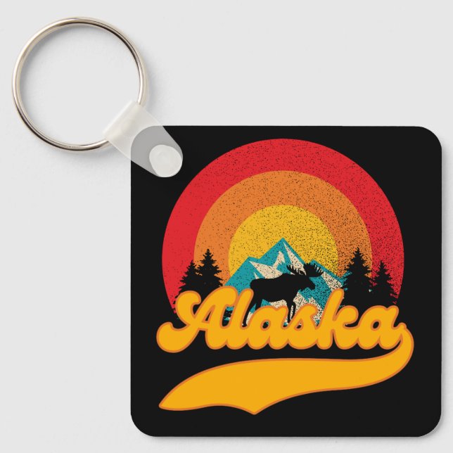 Retro Sunset Alaska Juneau Moose 0Mountains Wild Key Ring (Front)