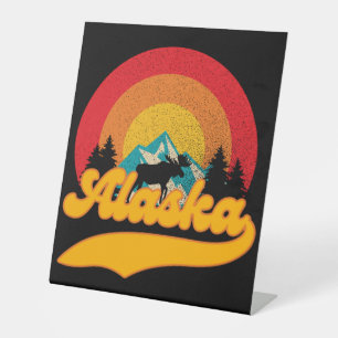 Retro Sunset Alaska Juneau Moose 0Mountains Wild Pedestal Sign