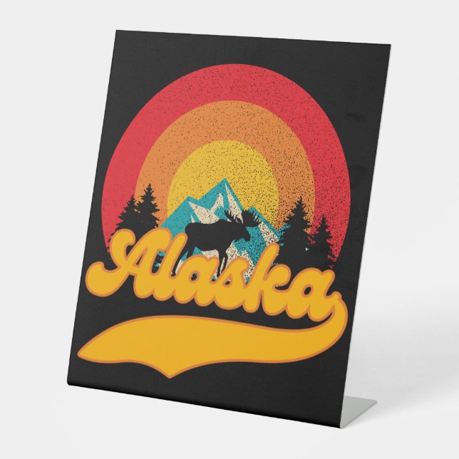 Retro Sunset Alaska Juneau Moose 0Mountains Wild Pedestal Sign (Front)