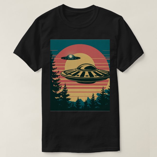 Retro Sunset Alien Spaceship Trees Black T-Shirt (Design Front)