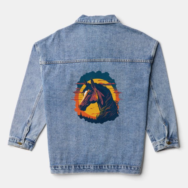 Retro Sunset And Horse Head Denim Jacket (Back)