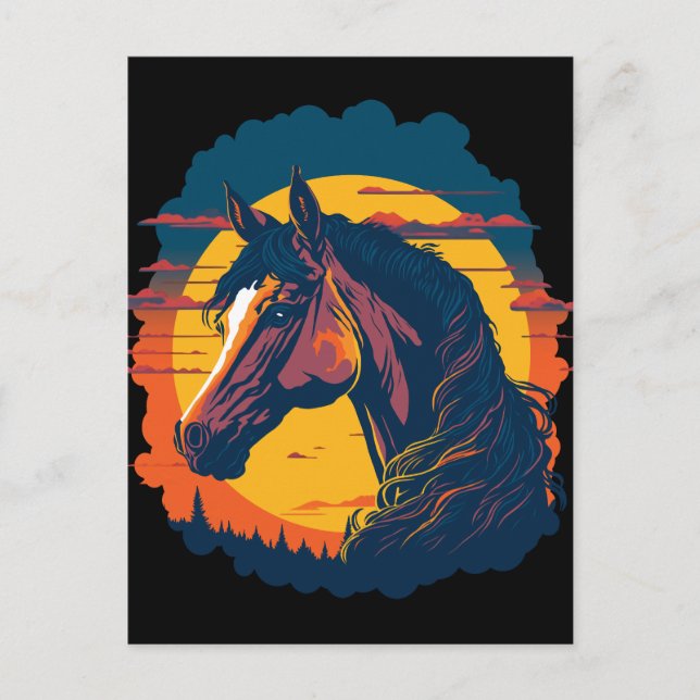 Retro Sunset And Horse Head Postcard (Front)