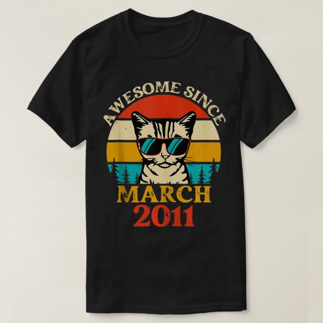 Retro Sunset Awesome Since March 2011 Birthday Cat T-Shirt (Design Front)
