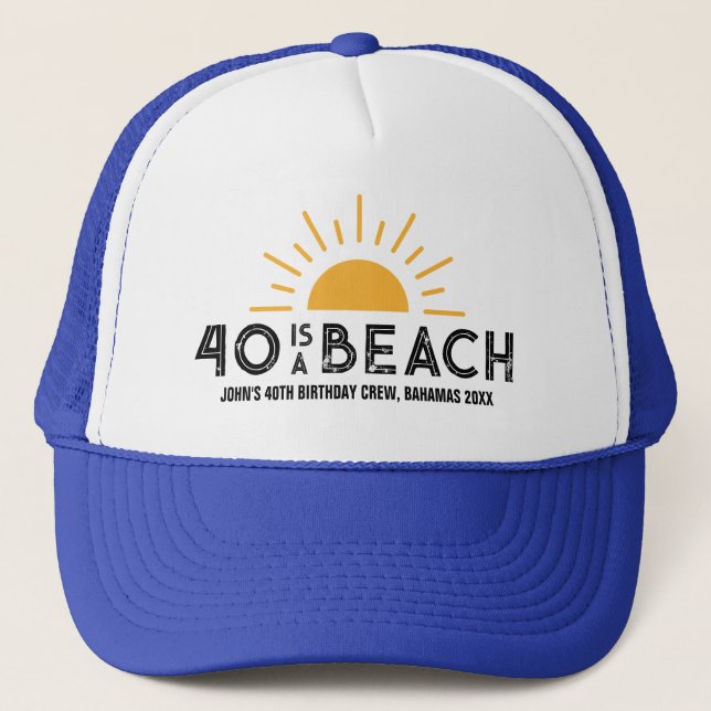 Retro Sunset Beach 40th 50th Birthday Crew Squad Trucker Hat (Front)
