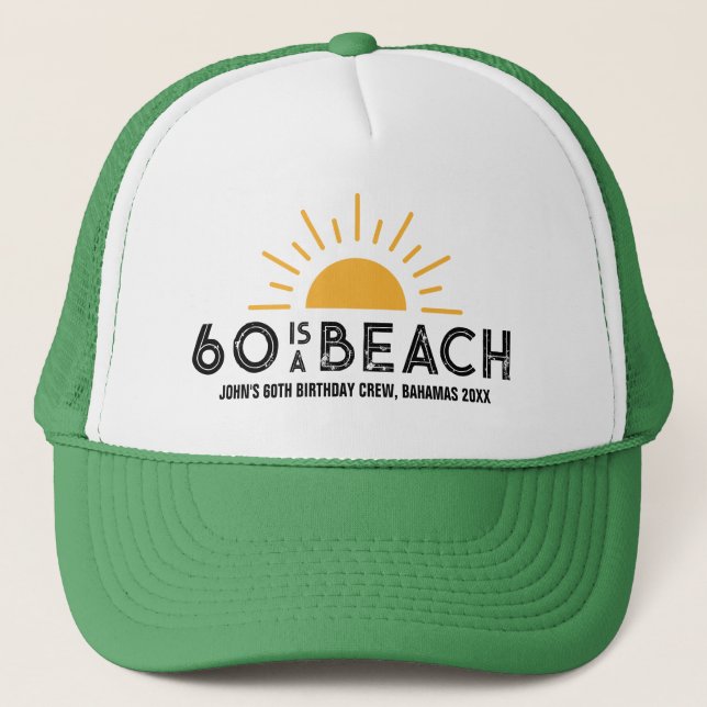 Retro Sunset Beach 60th 70th Birthday Crew Squad Trucker Hat (Front)