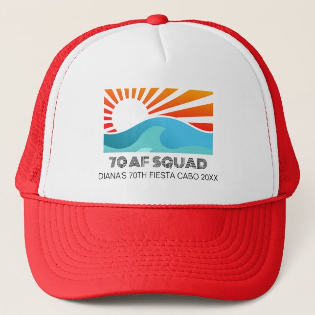 Retro Sunset Beach 70th AF Birthday Crew Squad Trucker Hat (Front)