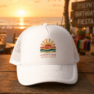 Retro Sunset Beach Orange Abstract Birthday Crew Trucker Hat