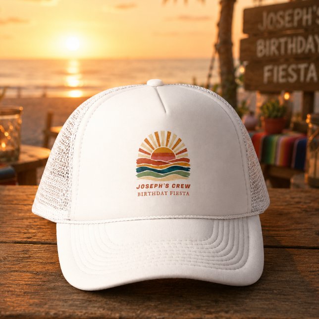 Retro Sunset Beach Orange Abstract Birthday Crew Trucker Hat (Creator Uploaded)