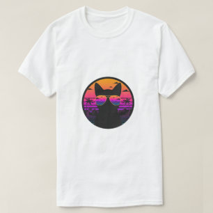 Retro Sunset Cat Aviator Sunglasses Vaporwave T-Shirt