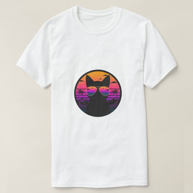 Retro Sunset Cat Aviator Sunglasses Vaporwave  T-Shirt (Design Front)