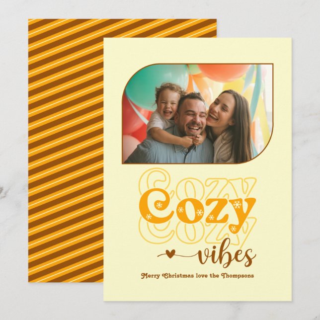 Retro Sunset Cosy Vibes Only Christmas Photo Holiday Card (Front/Back)