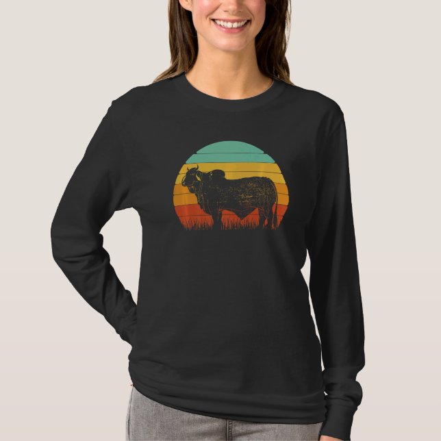Retro Sunset Cow Farmer Brahman Cattle T-Shirt (Front)
