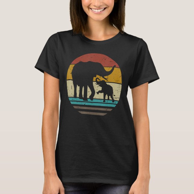 Retro Sunset Cute Elephants Mum Baby Zoologist Bir T-Shirt (Front)