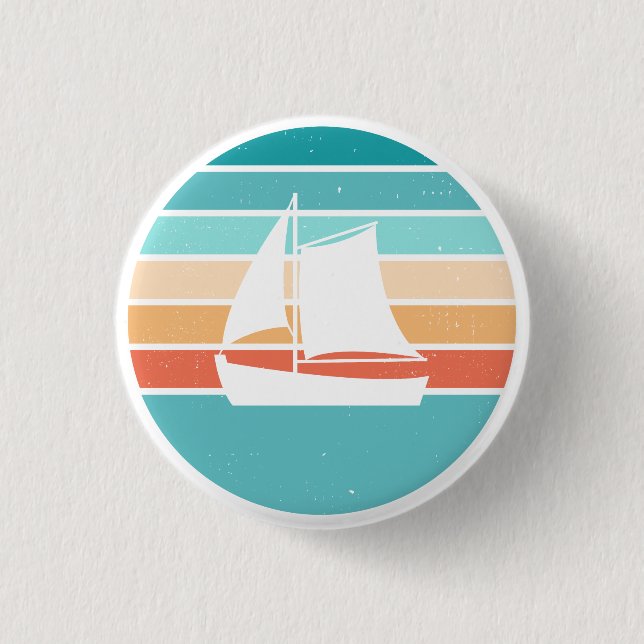 Retro Sunset Distressed Effect + Sailboat 3 Cm Round Badge (Front)