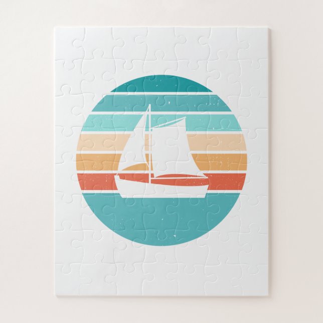 Retro Sunset Distressed Effect + Sailboat Jigsaw Puzzle (Vertical)