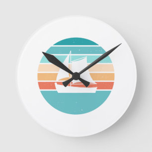 Retro Sunset Distressed Effect + Sailboat Round Clock