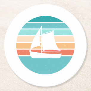 Retro Sunset Distressed Effect + Sailboat Round Paper Coaster